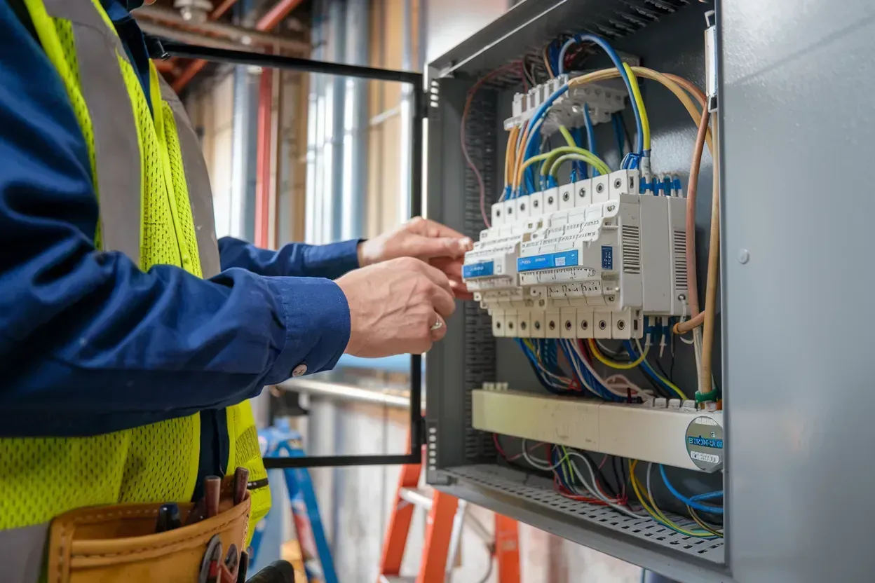 Electrician wiring a control panel in a utility cabinet, with colored cables and circuit breakers.