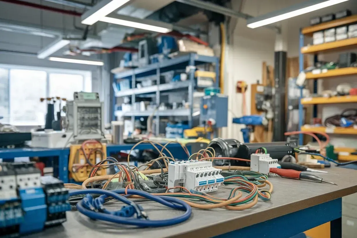 Electronics workbench with tangled wires and circuit boards in a bright workshop