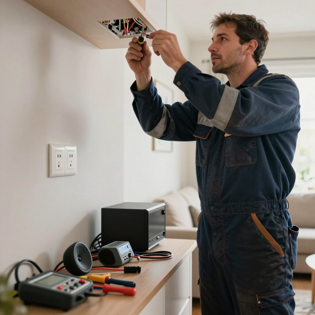 Technician wiring a ceiling panel in a room with tools laid out on a table