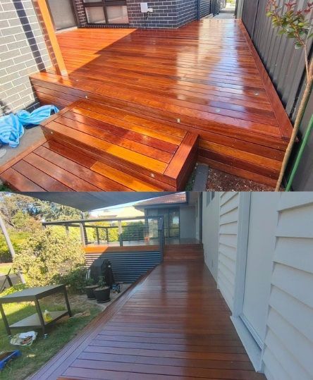 Two wooden decks featuring a warm, polished brown finish, one with steps and the other with a glass railing.