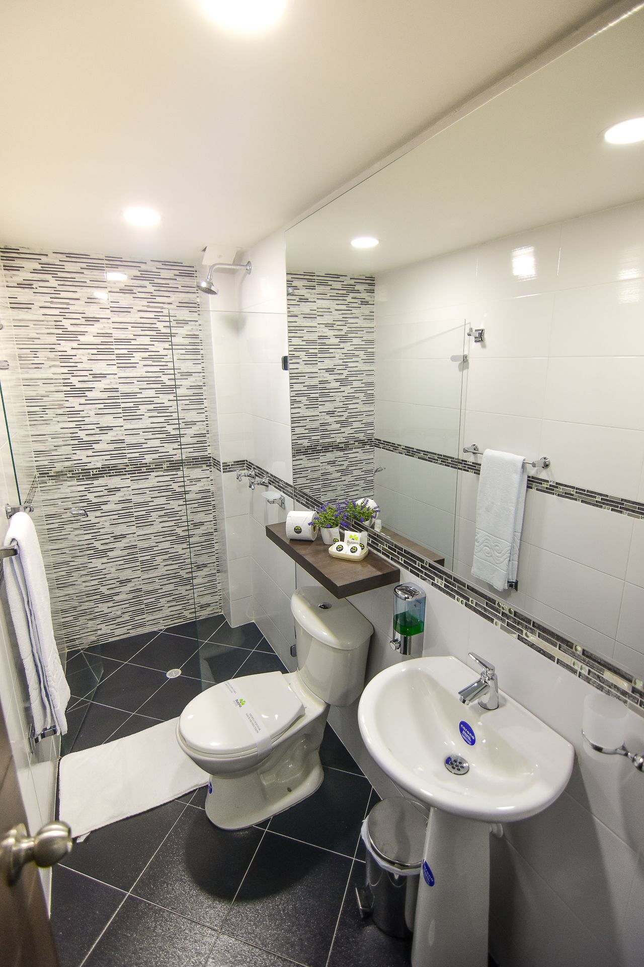 A bathroom with a toilet , sink and mirror.