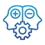 A line drawing of two heads with gears in the middle.