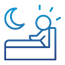A person is laying in a bed with a crescent moon in the background.