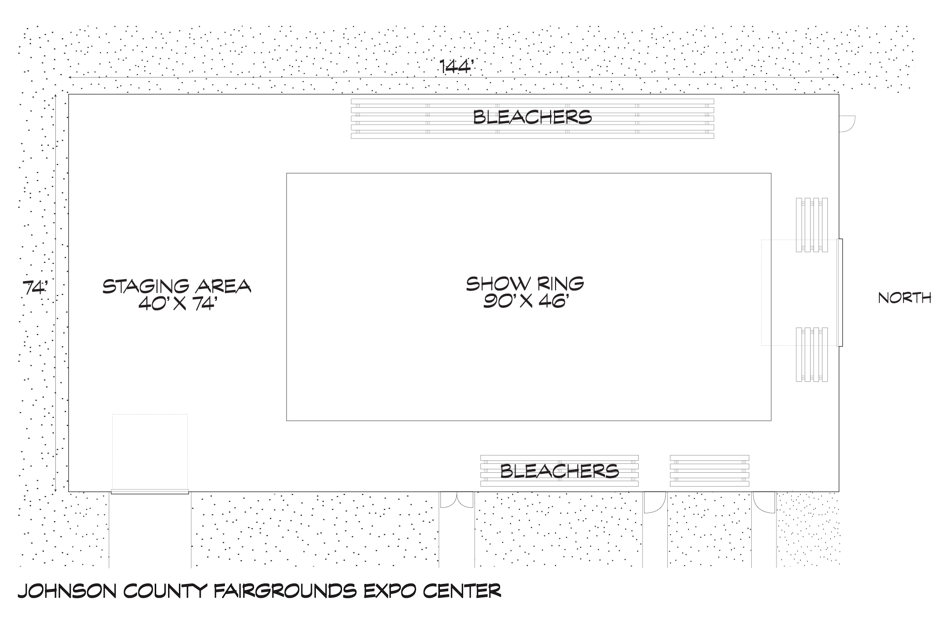 Floor plan of a building center with labeled rooms and dimensions on a white background