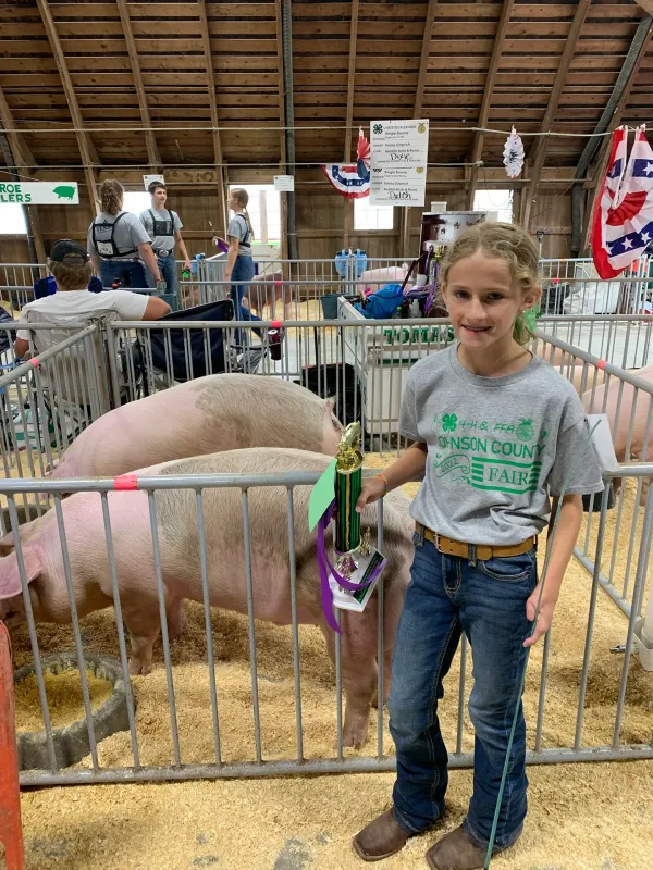 Child holding a ribbon stands beside a pig in a livestock pen at a fair.