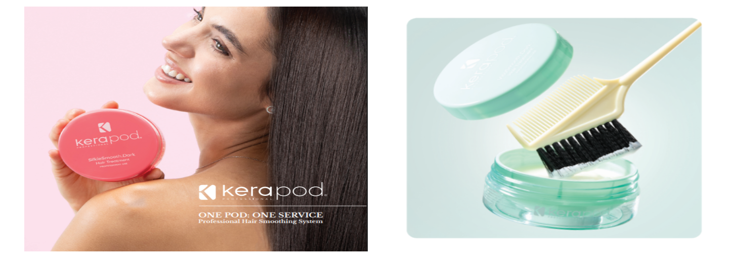 Two skincare product shots: pink jar beside a woman’s face and mint cream jar with applicator brush.
