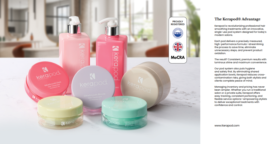 Assorted pastel skincare containers arranged on a white countertop beside a product information sheet.