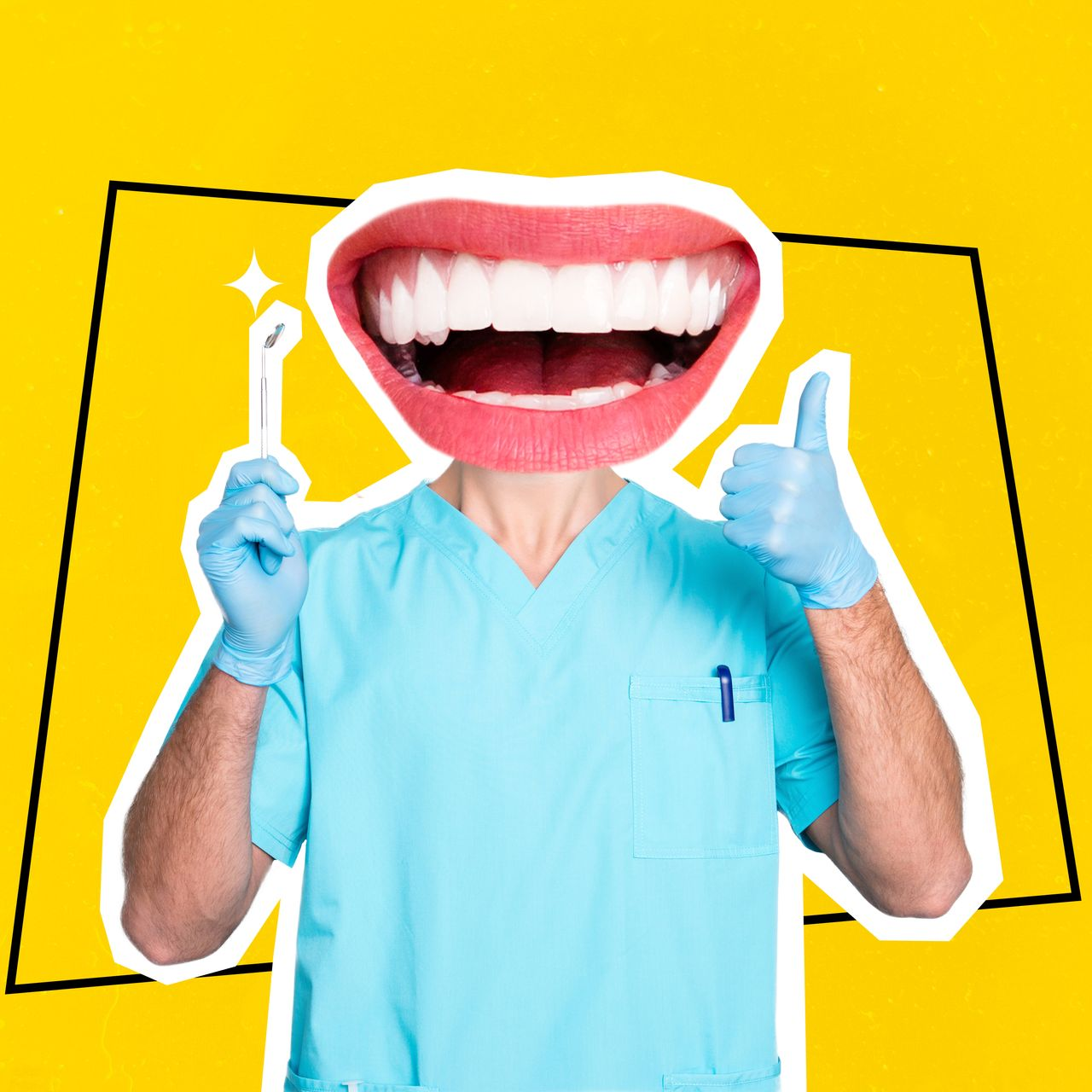Dentist in blue scrubs holding a toothbrush and thumbs up, with a giant smiling mouth on a yellow background