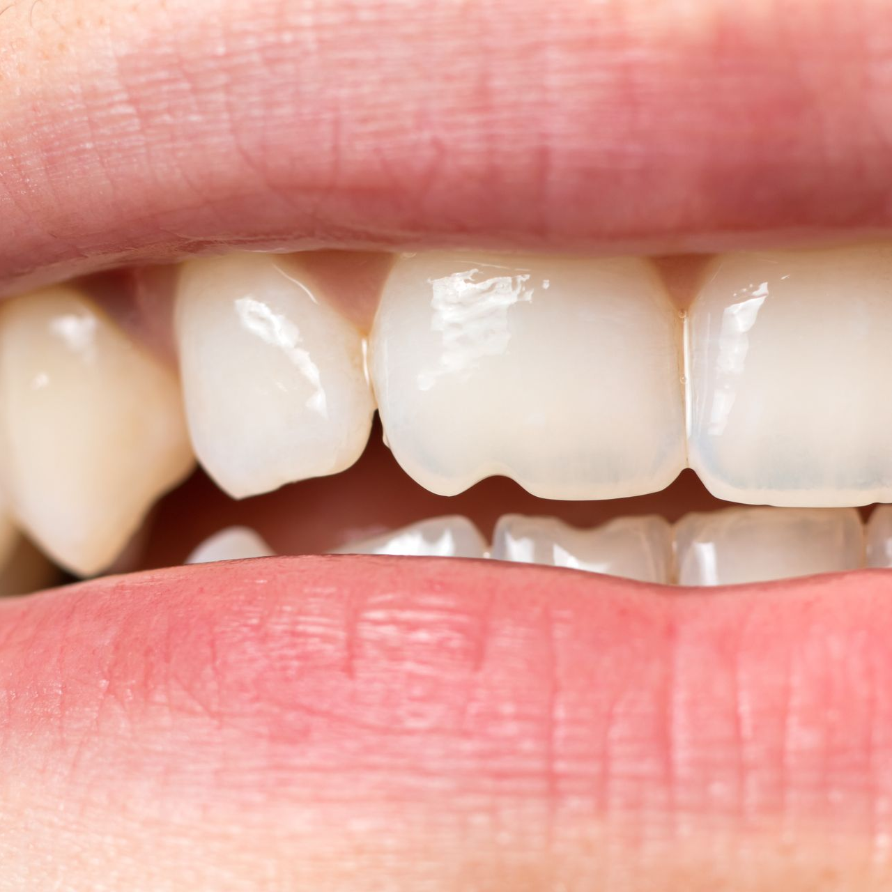 Close-up of lips and teeth with a visible chipped front tooth gap