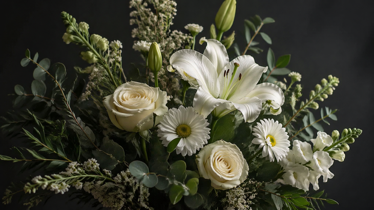 White roses and daisies arranged in a lush bouquet against a dark background