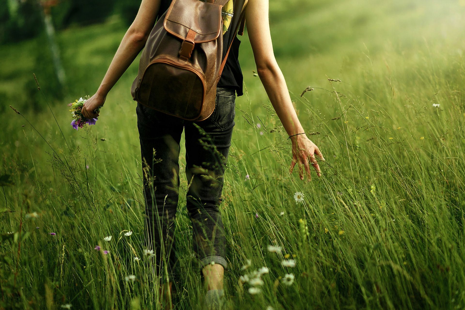 Person walking through a grassy field carrying a backpack, holding purple flowers