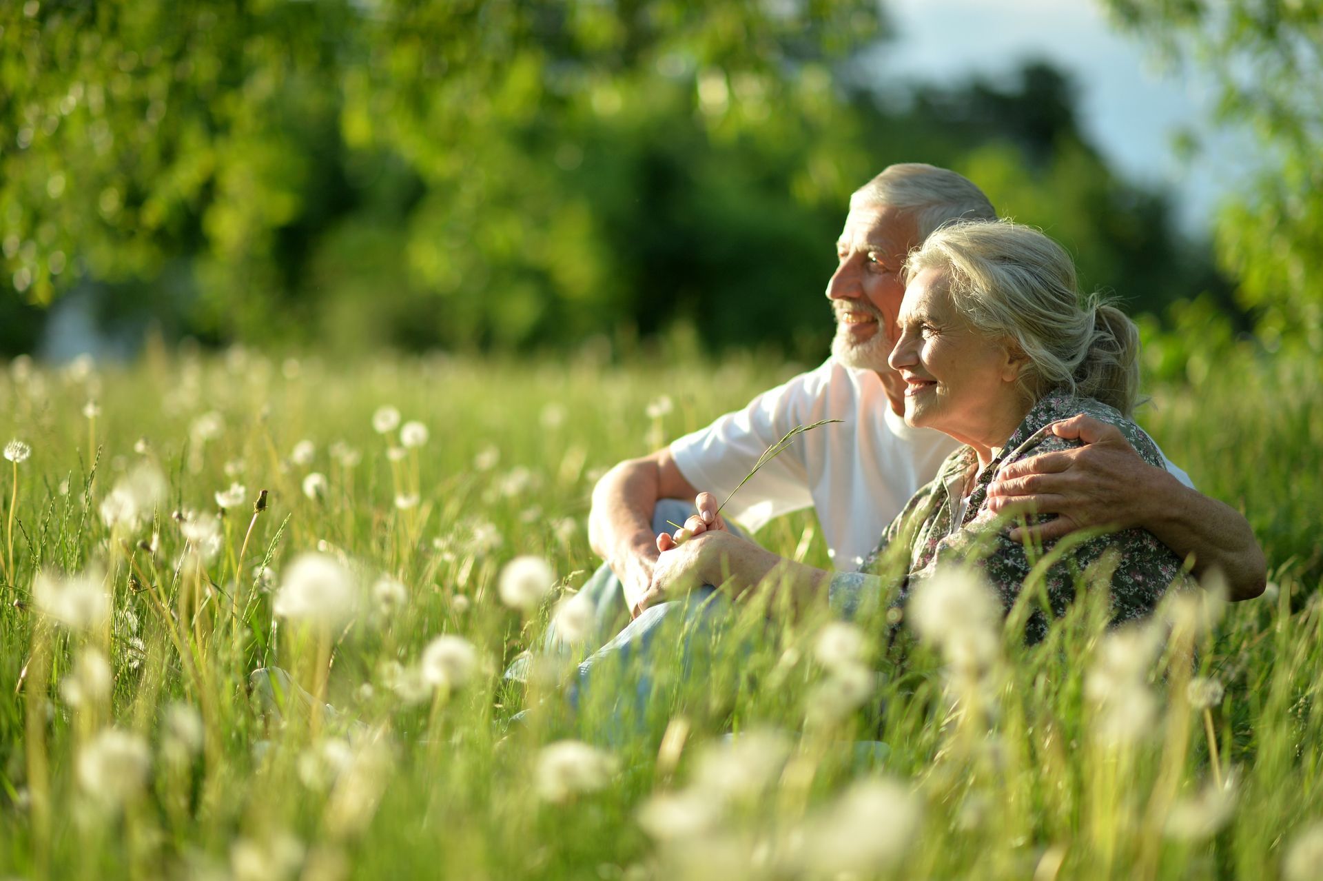 Two people sitting in a sunny meadow with white wildflowers, embracing and smiling
