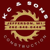 K & SONS CONSTRUCTION logo with flaming circular saw blade and Jefferson, WI phone number