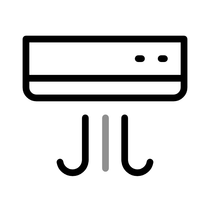A black and white icon of an air conditioner on a white background.