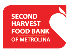 Second Harvest Food Bank of Metrolina logo: red background, white text and heart-shaped graphic.