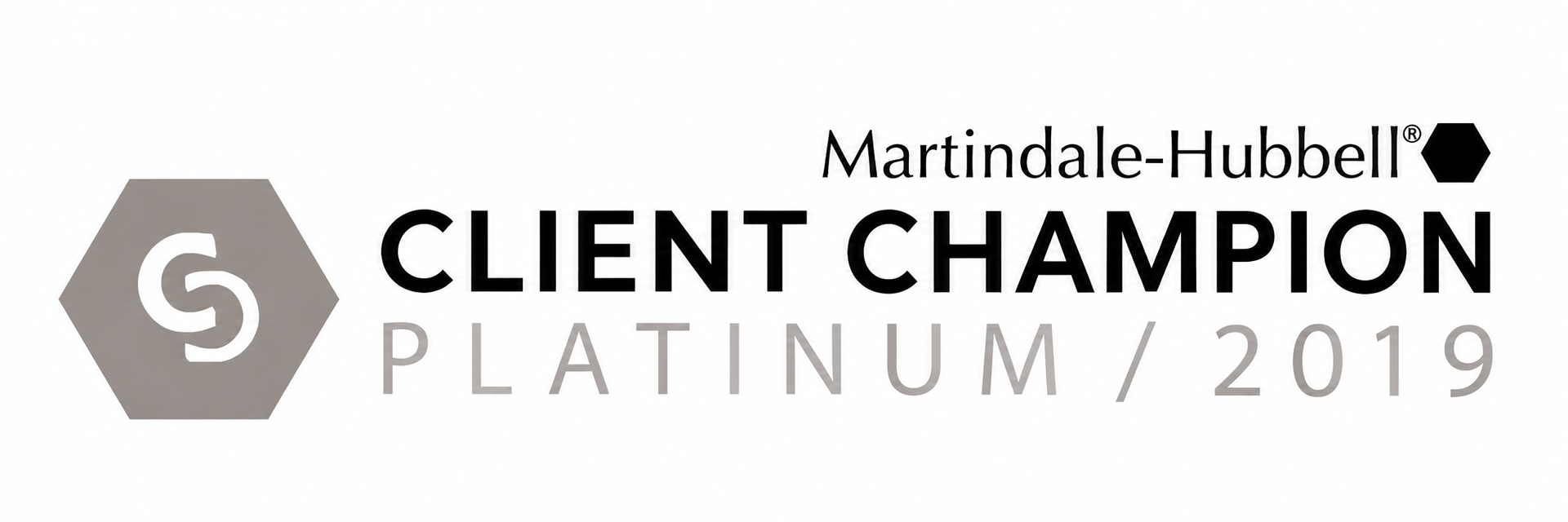 The logo for martindale-hubbell 's client champion platinum / 2019.