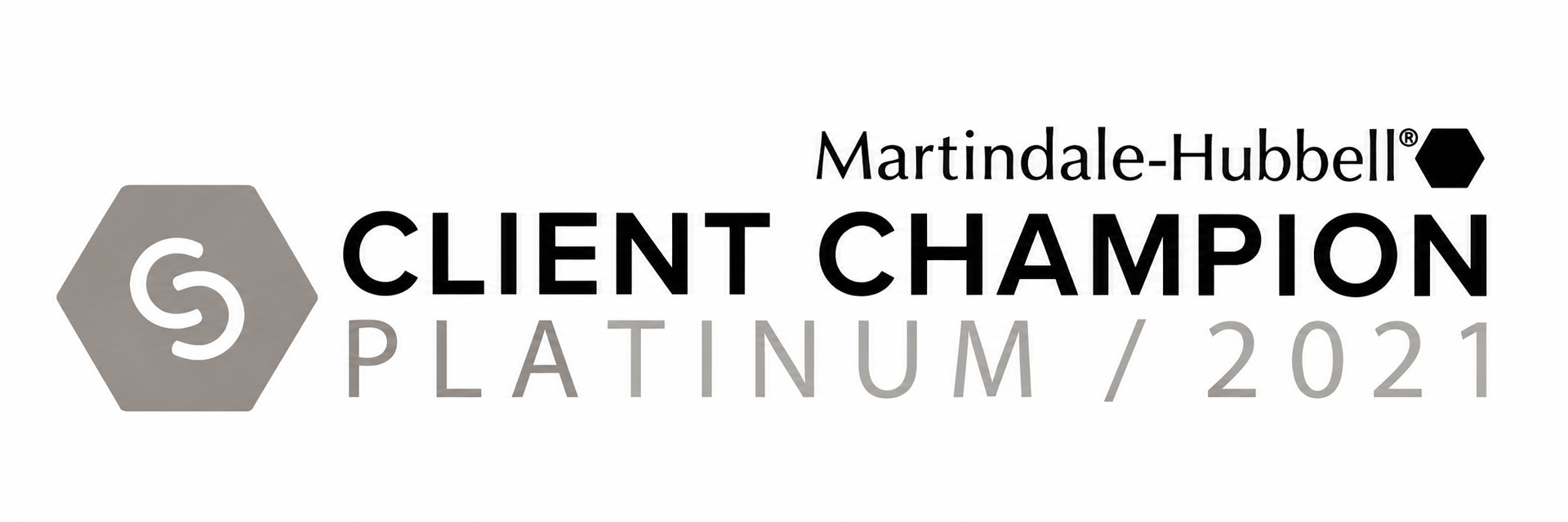 The logo for martindale-hubbell 's client champion platinum / 2021.