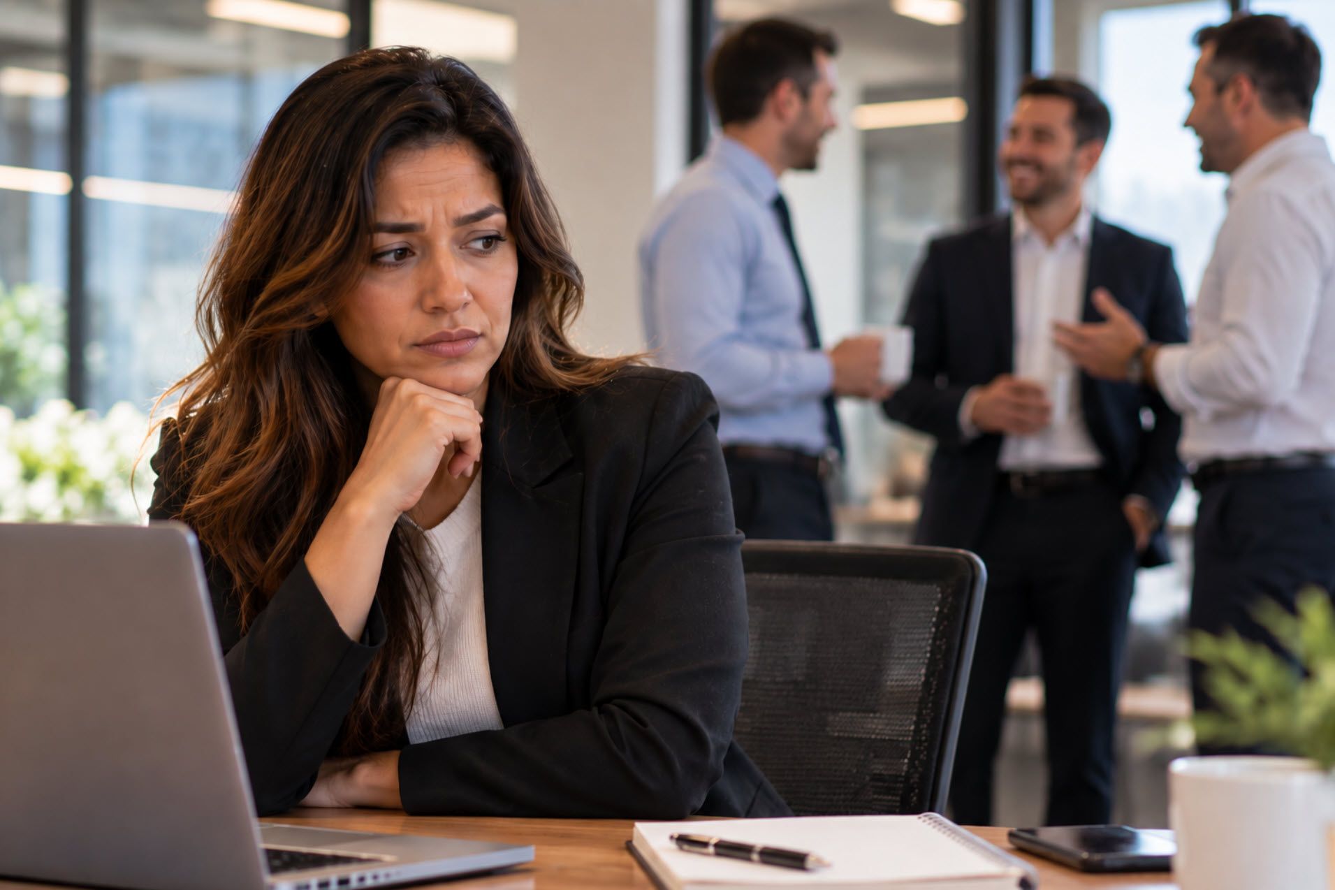 Angry looking man points at another man with his head in his hands at an office desk.