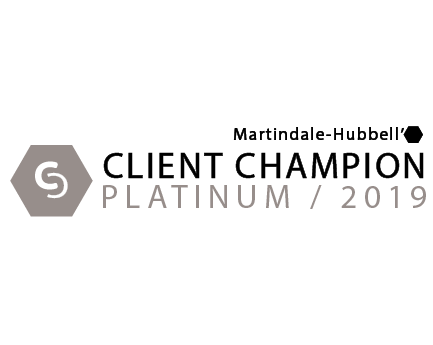 The logo for martindale-hubbell 's client champion platinum / 2019.