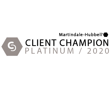 The logo for martindale-hubbell 's client champion platinum / 2020.