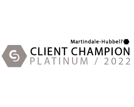 The logo for martindale-hubbell 's client champion platinum / 2022.