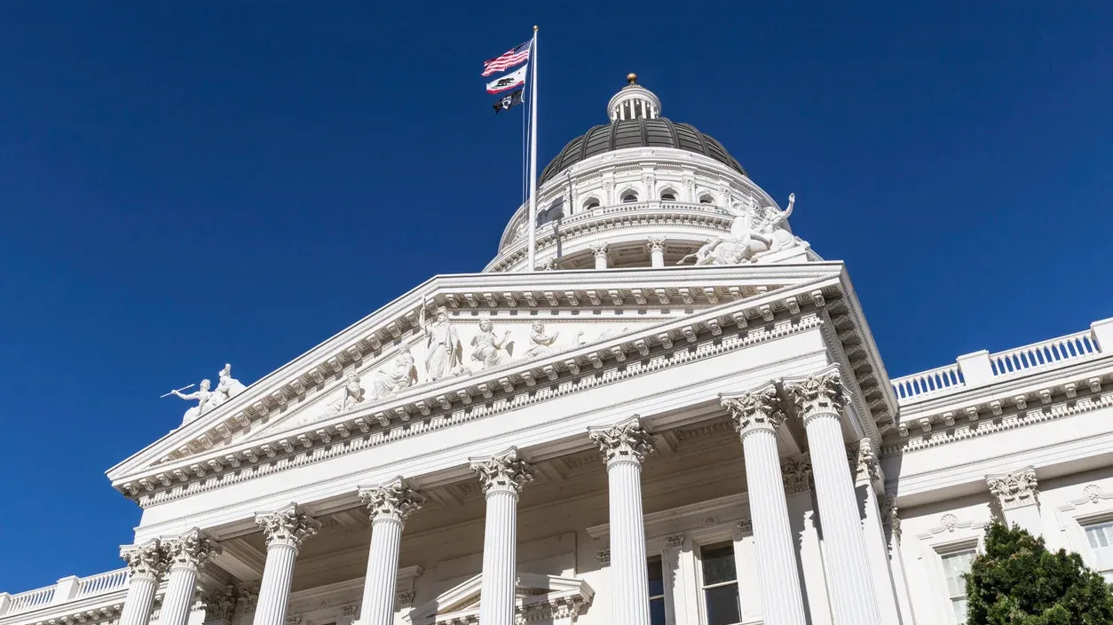 California State Capitol building with the state flag waving against a blue sky.