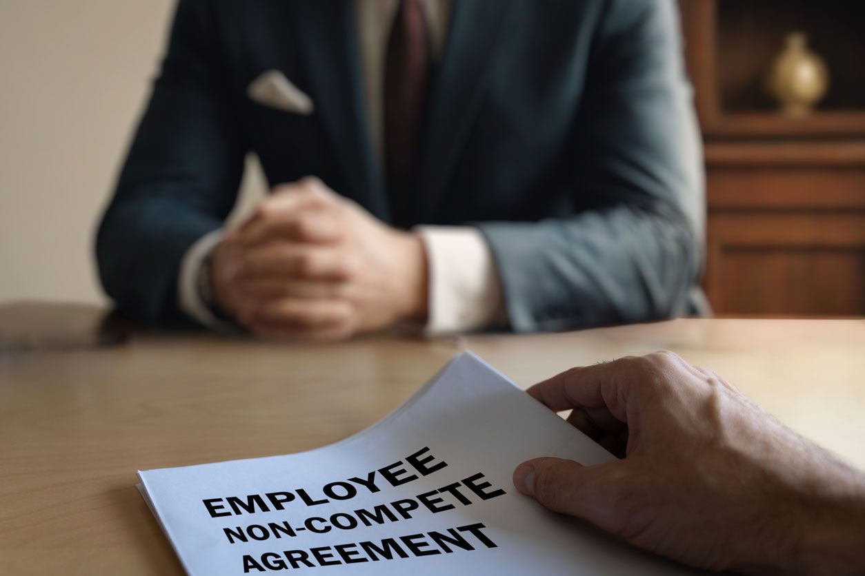 Angry looking man points at another man with his head in his hands at an office desk. 