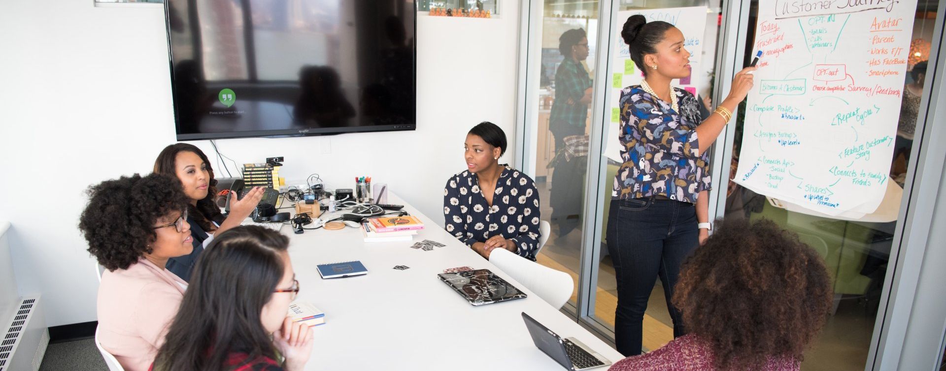 A group of women are sitting around a table in a conference room discussing their rights under FEHA
