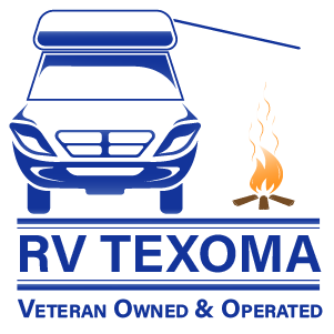 Blue RV Texoma logo with camper, campfire, and text &ldquo;Veteran Owned & Operated&rdquo;