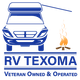 Blue RV Texoma logo with camper, campfire, and text &ldquo;Veteran Owned & Operated&rdquo;