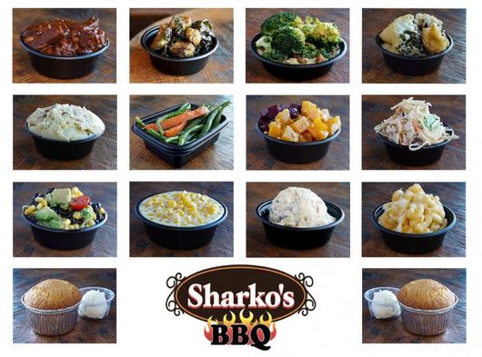 Sharko's BBQ logo with a grid of barbecue sides, salads, baked potatoes, and dinner rolls on wood tables