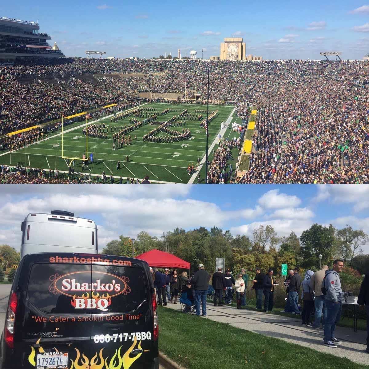 Packed football stadium with marching band on the field; tailgate line beside a black Sharko’s BBQ tent.