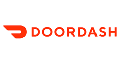 DoorDash logo with red wordmark and icon on a white background