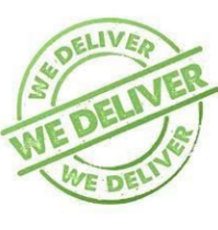 Green circular “WE DELIVER” stamp logo with a diagonal stripe across the center