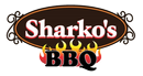 Sharko’s BBQ logo in black, red, and yellow with flames under the text
