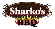 Sharko’s BBQ logo in black, red, and yellow with flames under the text