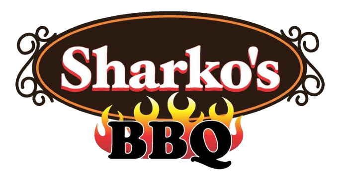 Sharko’s BBQ logo in black, red, and yellow with flames under the text