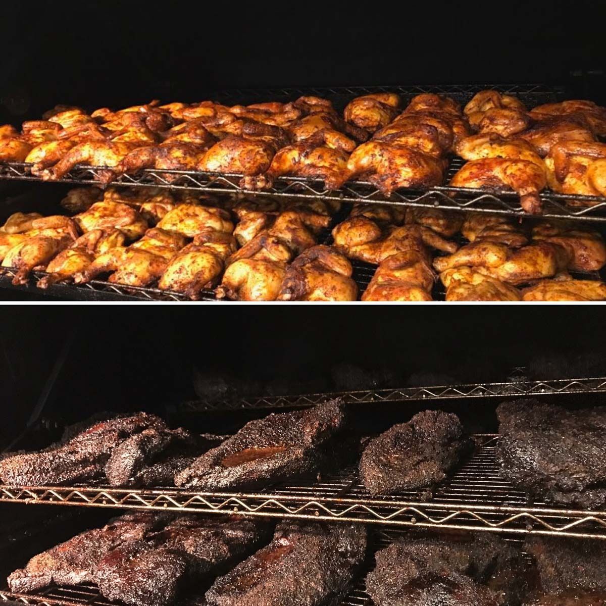 Rows of grilled chicken and dark roasted meat on metal racks over an open flame