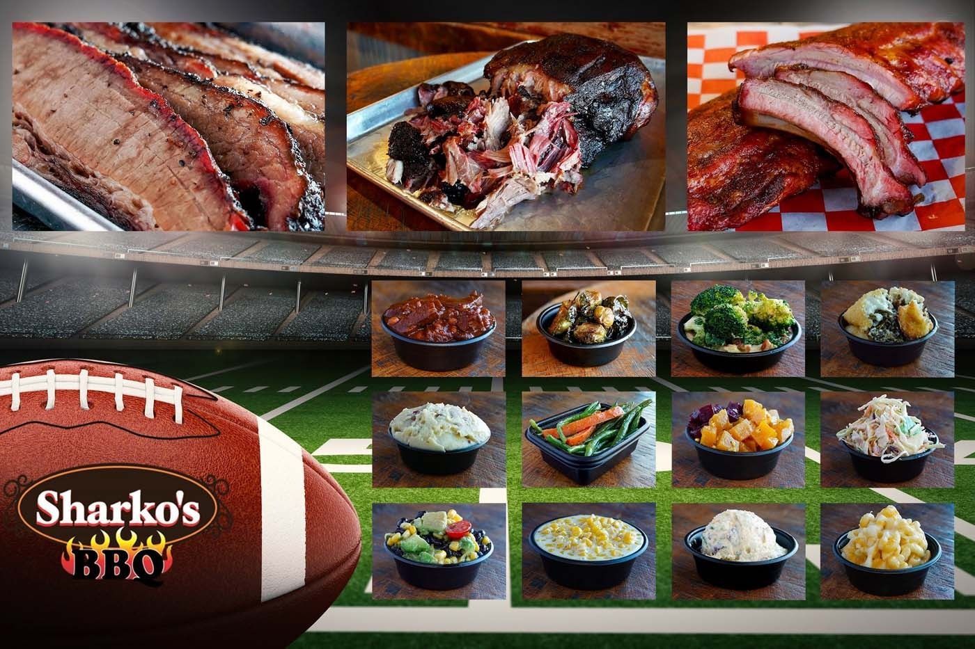 Sharko’s BBQ promo collage with smoked meats, side dishes, and a football-shaped logo on a dark table