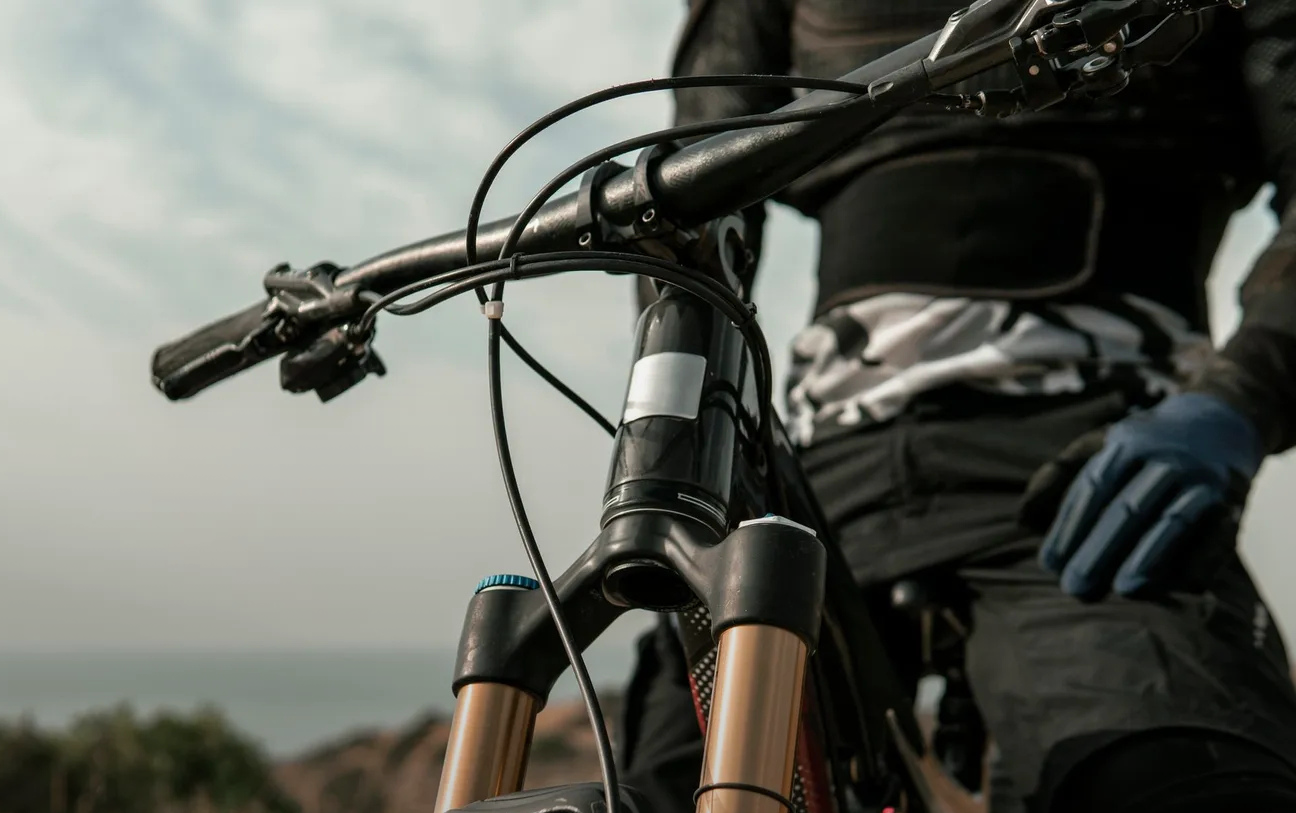 Mountain biker holding handlebars, blurred background of sky and water.