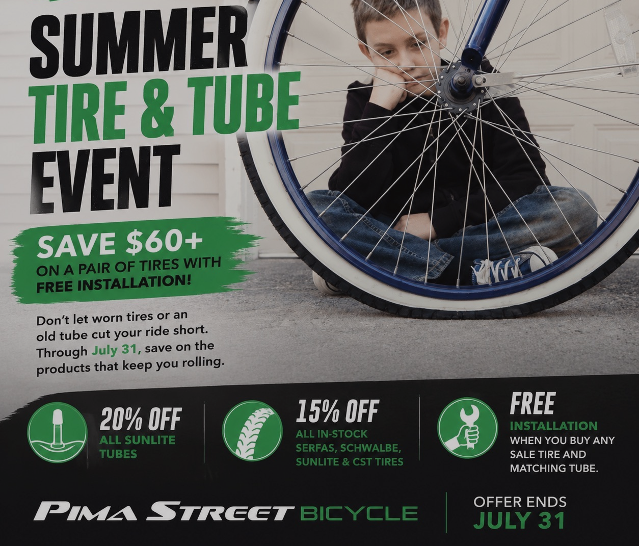 A kid sitting looking at his bicycle wheel