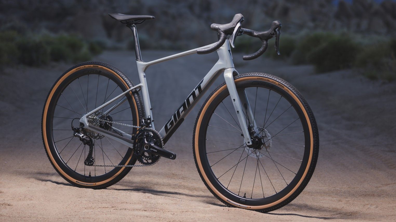 Gray gravel bike with black accents on a dirt path.