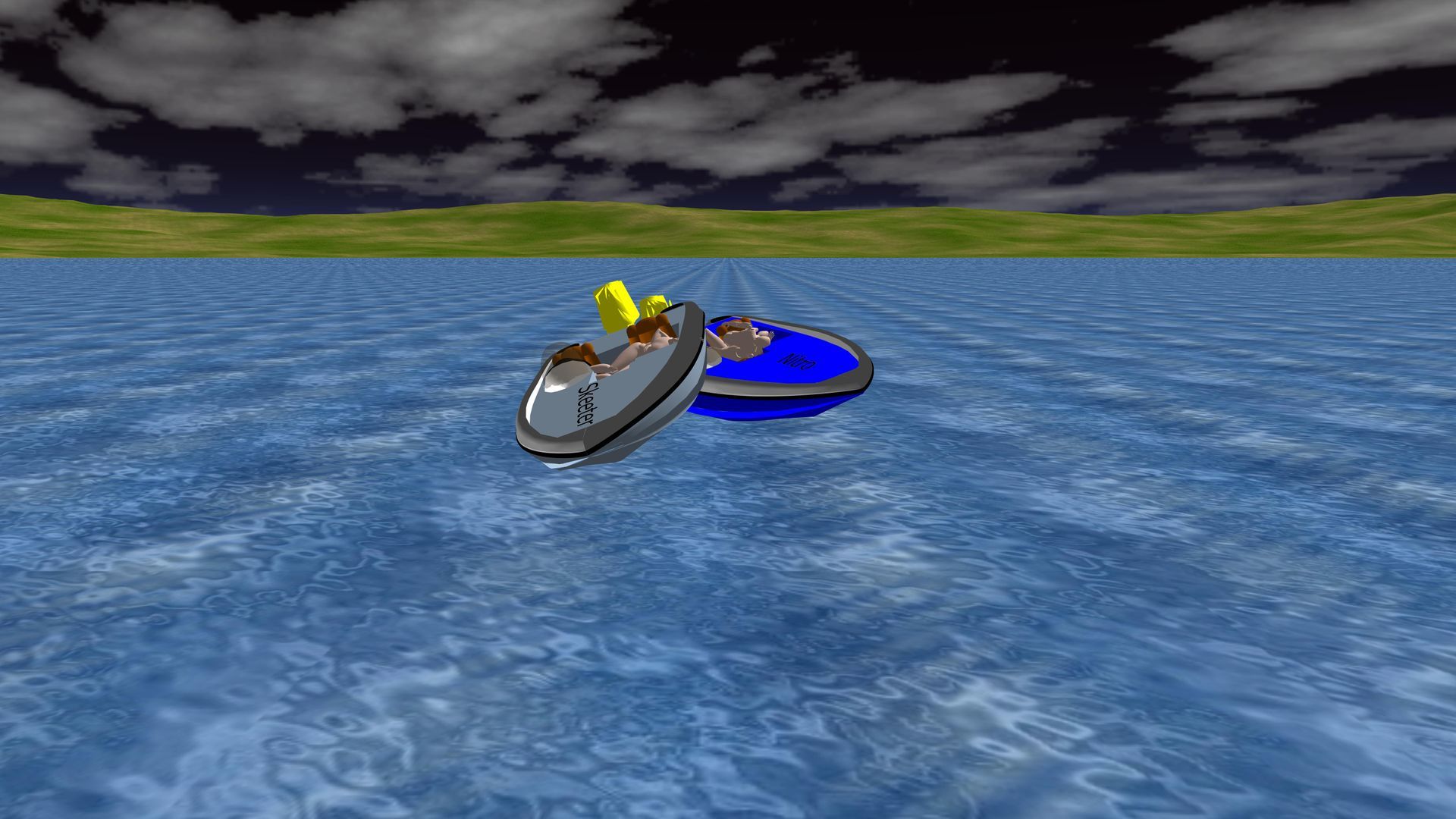 Two jet skis, one gray and one blue, floating on a choppy lake under a cloudy sky