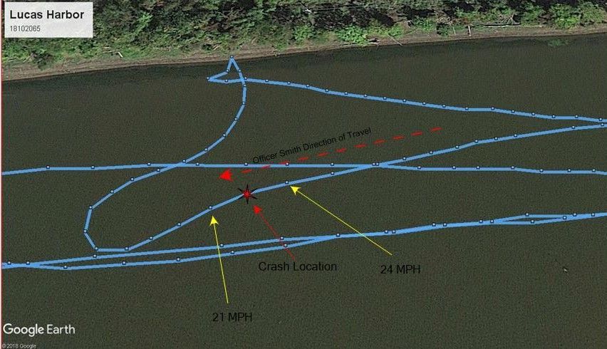 Satellite map of Lucas Harbor with blue route lines, red marker, and yellow arrows on water near shore