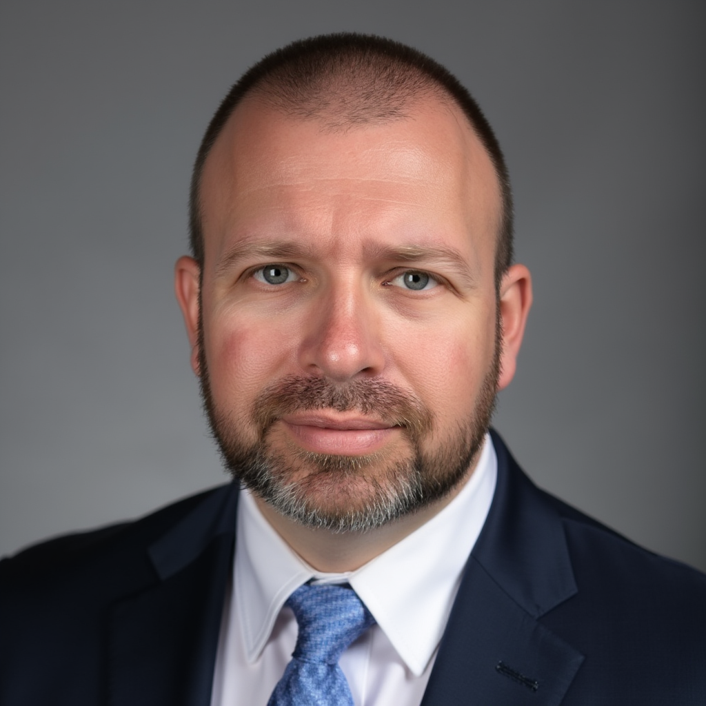 Head-and-shoulders portrait of a man in a navy suit, white shirt, and blue tie on a gray background