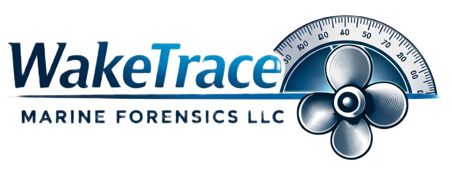 WakeTrace Marine Forensics LLC logo with blue text, compass, and ship’s propeller icon