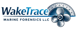 WakeTrace Marine Forensics LLC logo with blue text, a ship wheel, and a gauge graphic