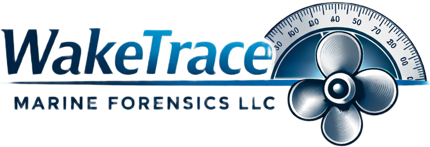 WakeTrace Marine Forensics LLC logo with blue text and a metallic boat propeller