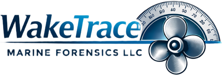 WakeTrace Marine Forensics LLC logo with blue text and a metallic boat propeller