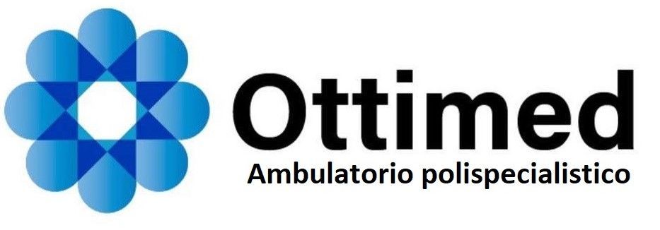 Logo per il centro medico Ottimed. Un fiore blu accanto alla scritta
